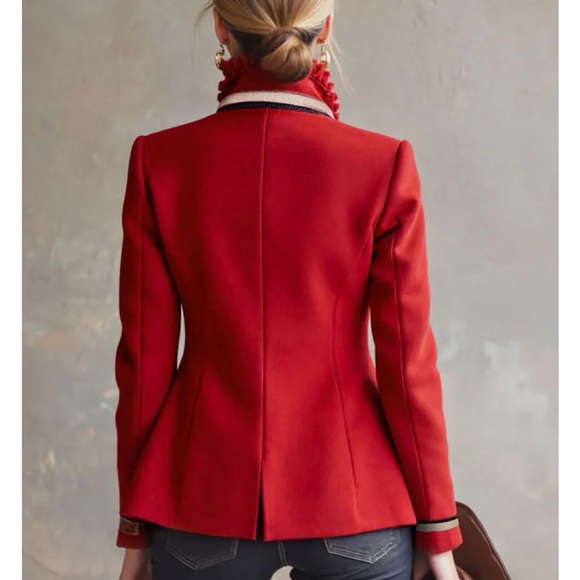 Ruffled Stand-up Collar Single-breasted Rose Embroidered Jacket - Picture 3 of 9